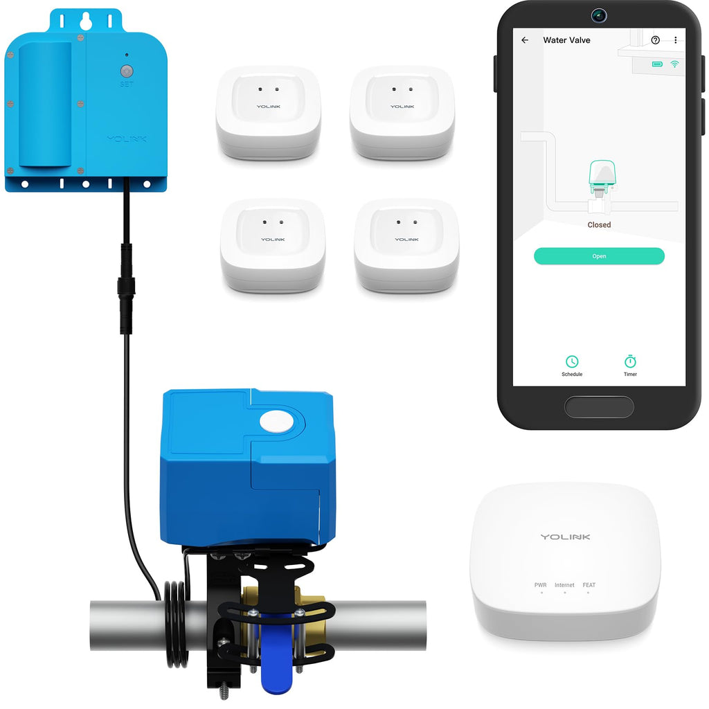 YoLink X3 Version Smart Water Leak Protection Kit: X3 Valve Controller, Bulldog, (4) Leak Sensors & Hub