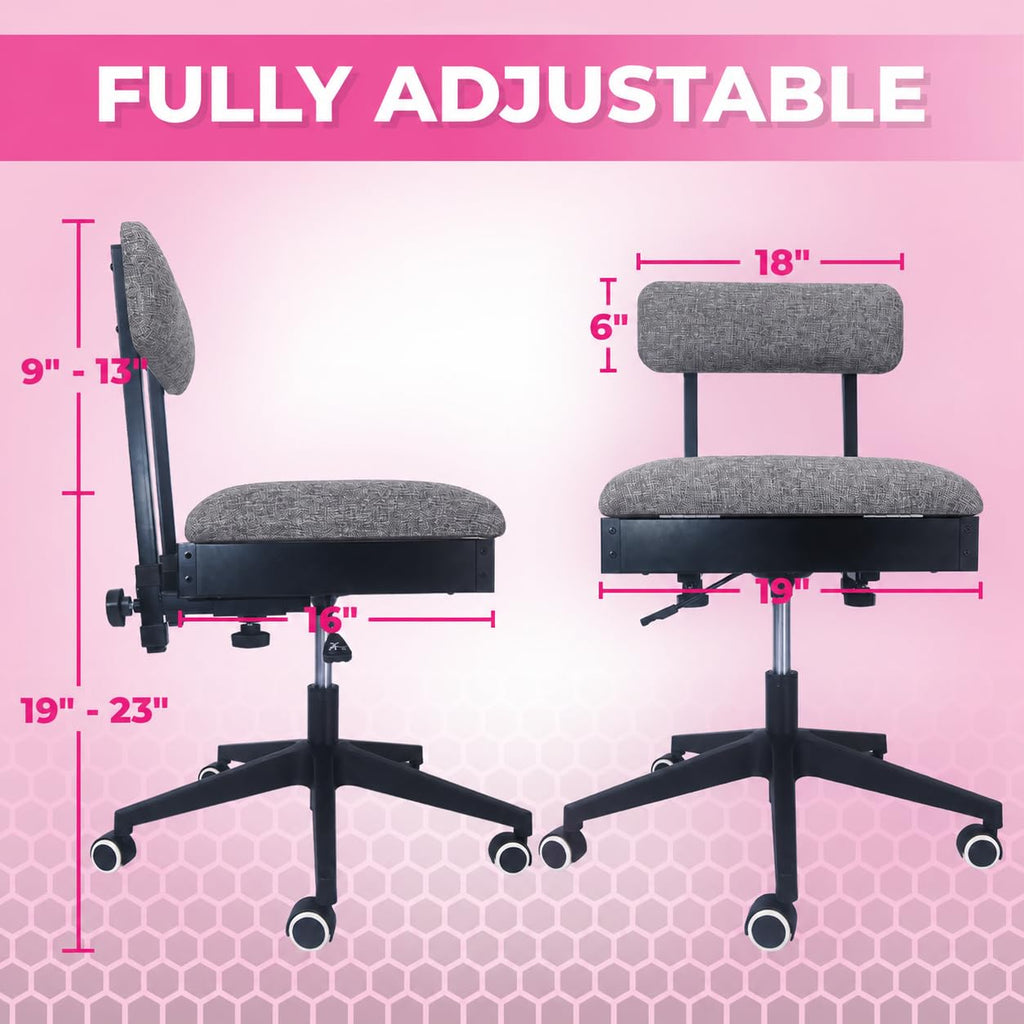 Pink Power Sewing Chair with Wheels and Adjustable Back Support, Gray