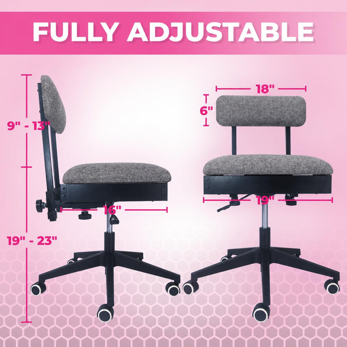 Pink Power Sewing Chair with Wheels and Adjustable Back Support, Gray