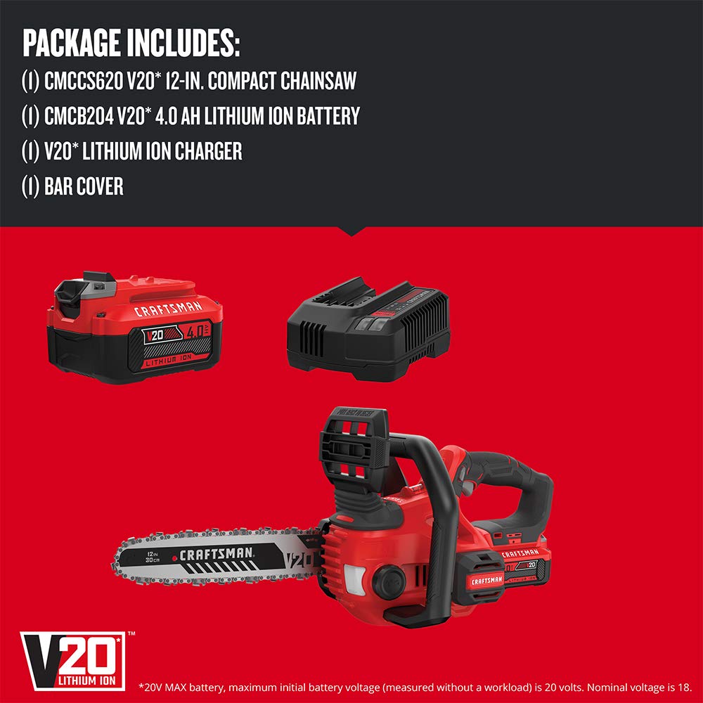 CRAFTSMAN V20 Cordless Chainsaw, 12-Inch Electric Chainsaw, Battery Powered, Battery and Charger Included (CMCCS620M1)