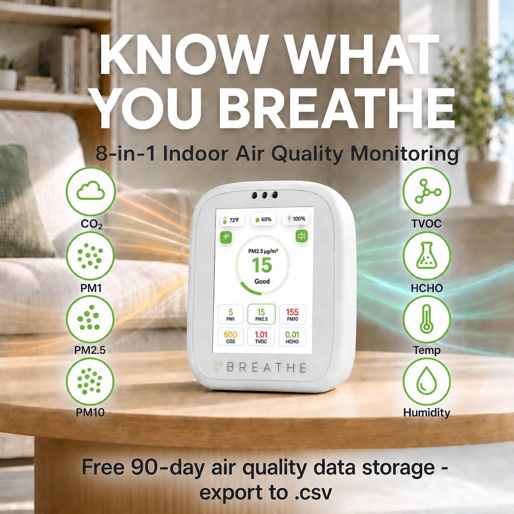 BREATHE Airmonitor Plus Gen 2 Indoor Air Quality Monitor, CO2, PM2.5, TVOC