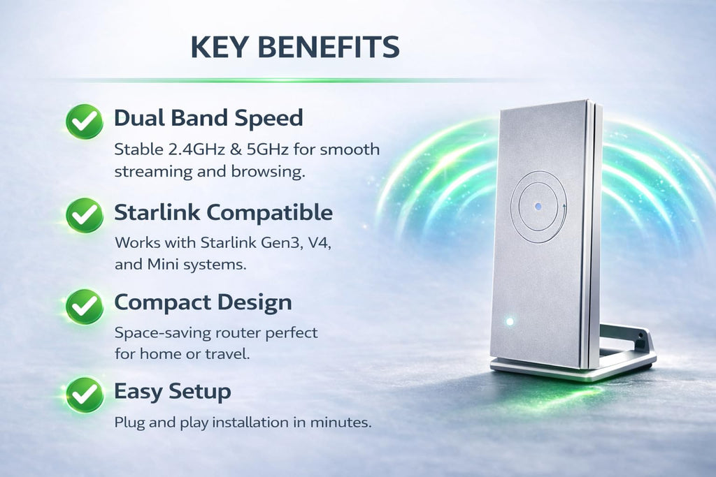 WiFi Router Mini, Compact Dual Band Wireless Internet Router, White, Mesh Network Compatible, Travel-Friendly Design, Compatible with Starlink V4, Gen3, Mini