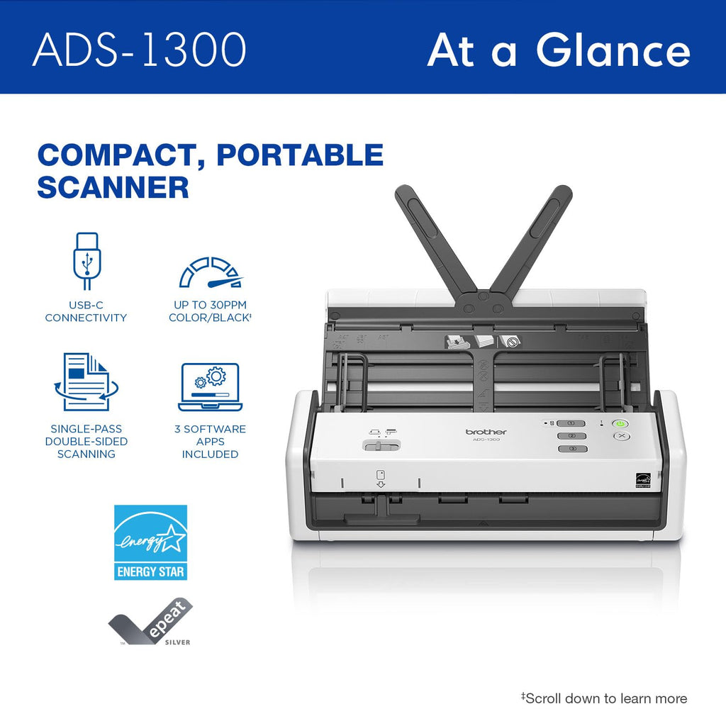 Brother ADS-1300 Compact Desktop Scanner | Scan Speeds of Up to 30ppm | Single Pass Double-Sided Scanning