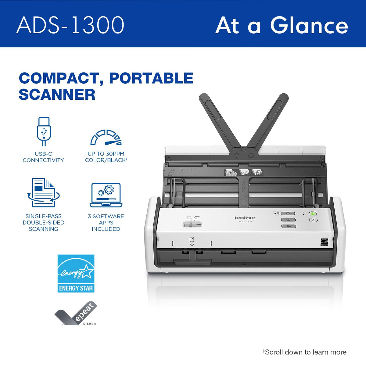 Brother ADS-1300 Compact Desktop Scanner | Scan Speeds of Up to 30ppm | Single Pass Double-Sided Scanning