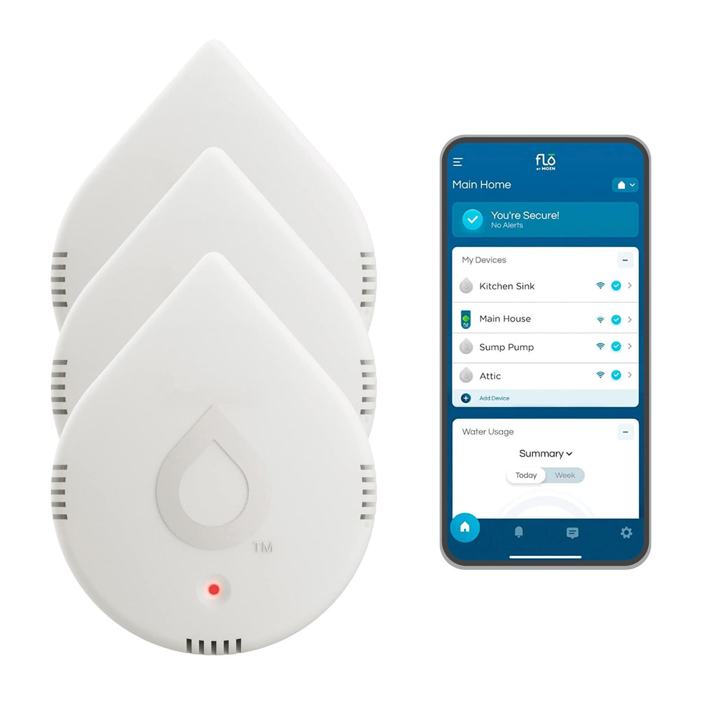 Moen 920-005 Flo Smart Water Leak Detector, White, 3-Pack with 3-Pack 6-Foot Leak Sensing Cable