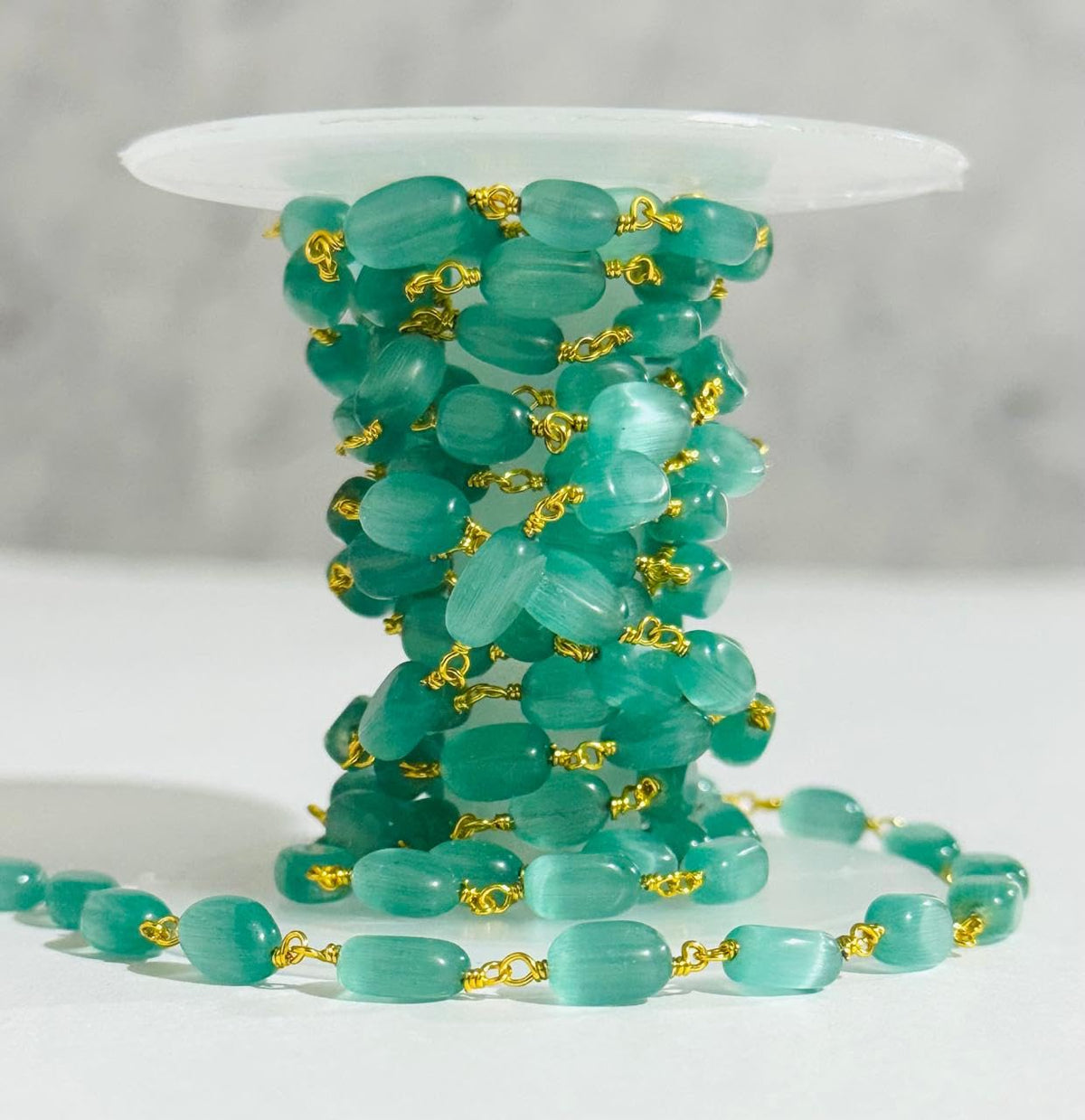 4x7mm Turquoise Oval Beads Rosary Chain, Gold Plated Brass Wire Wrapped Chain by Foot, Jewelry Making Supplies for Necklaces, Bracelets, Earrings – DIY Craft Beading Chain (25 Feet)