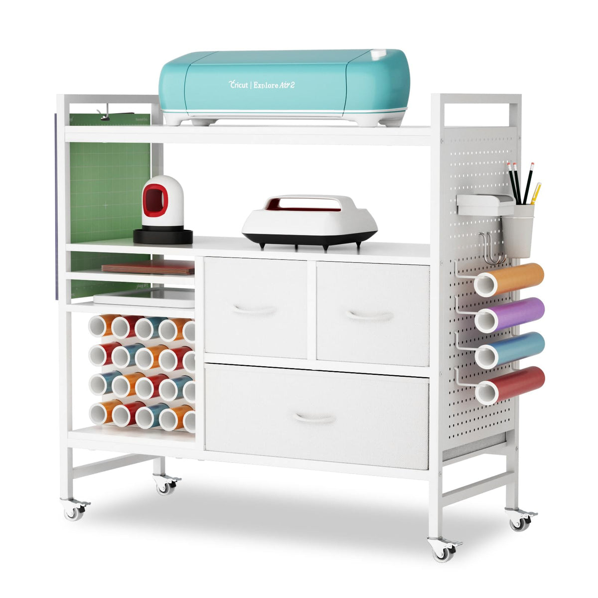 Craft Storage Cart Compatible with Cricut, 20-Roll Rack & Pegboard