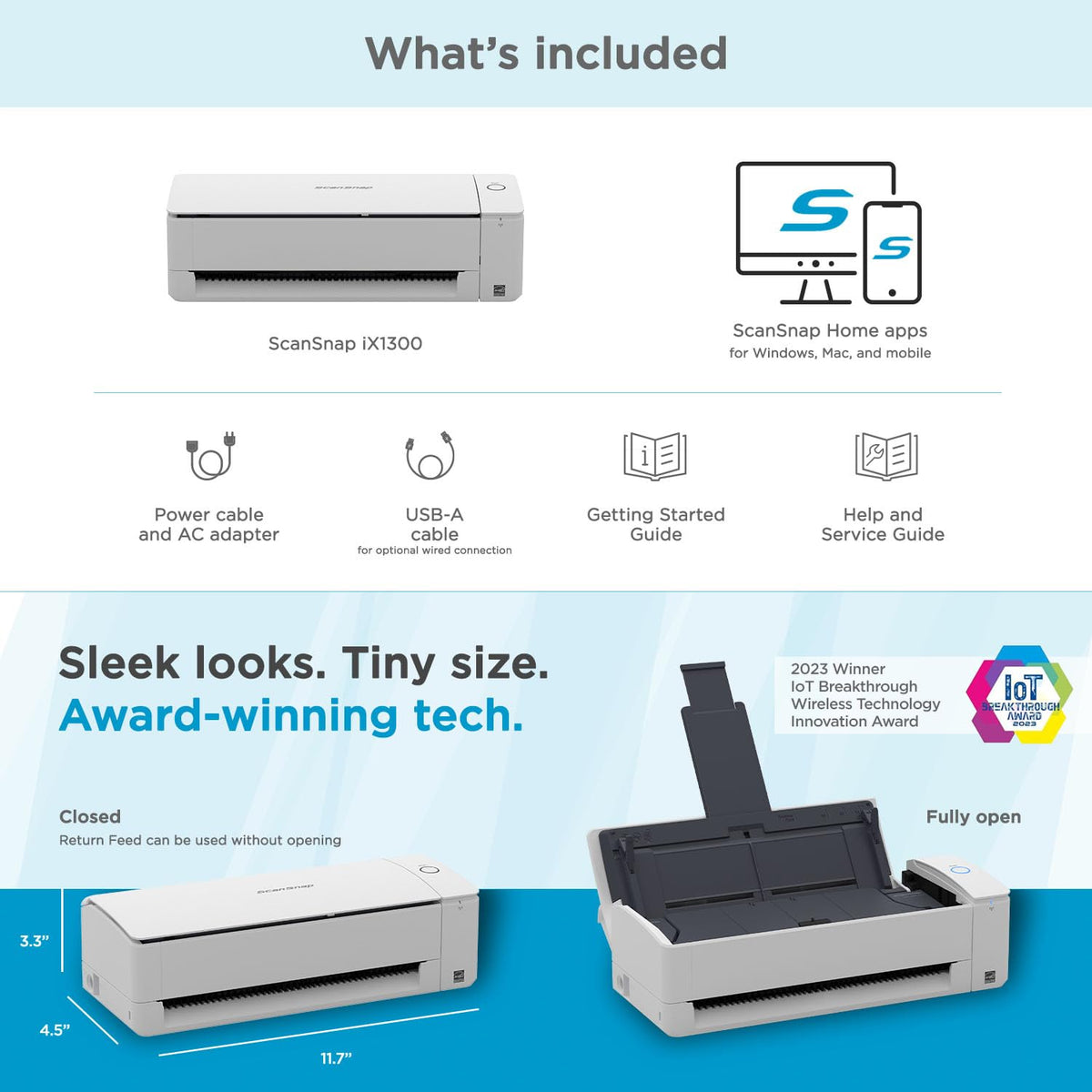 ScanSnap iX1300 Wireless or USB Double-Sided Color Document Scanner, White