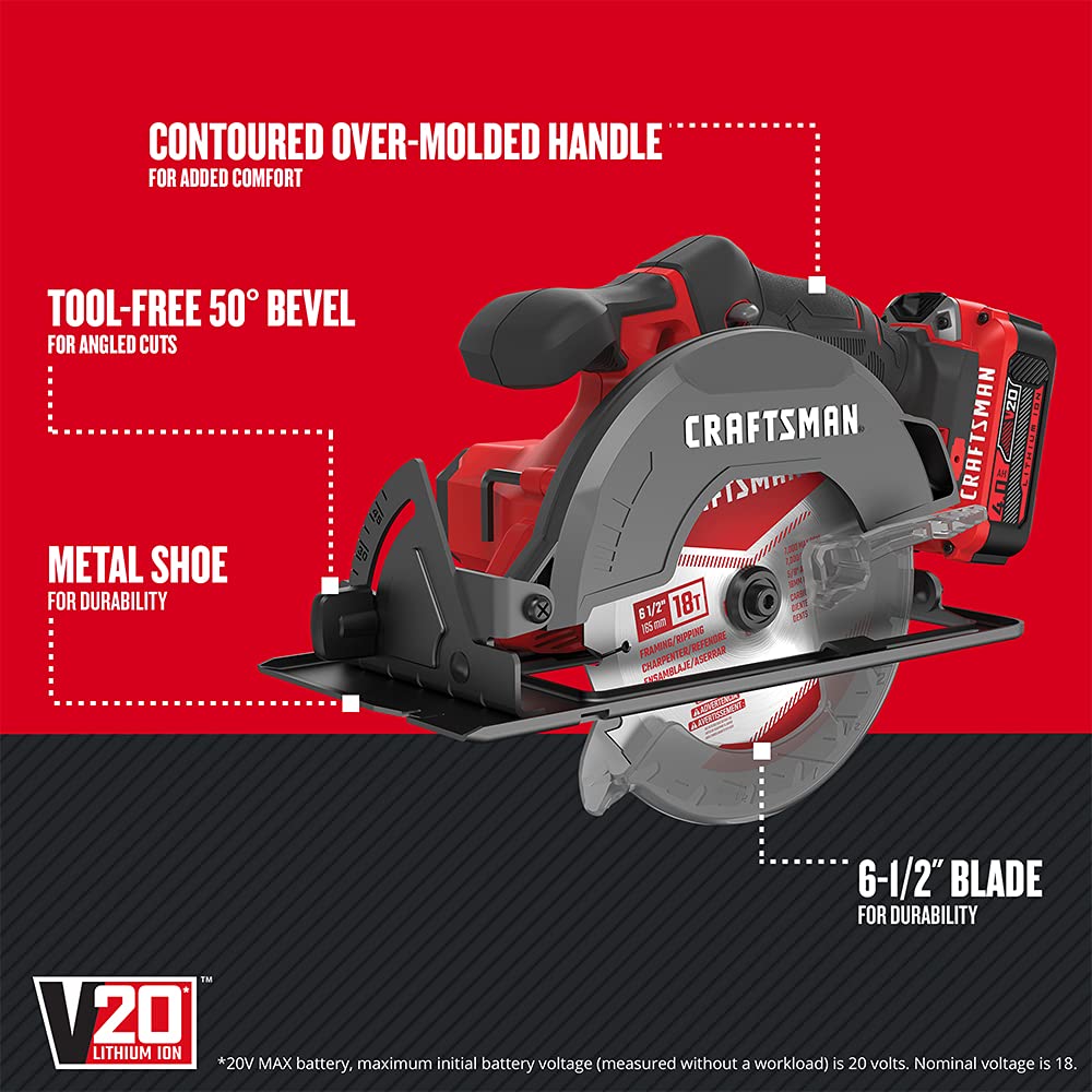 CRAFTSMAN V20 Cordless Circular Saw Kit, 6-1/2 inch, Battery and Charger Included (CMCS500M1)
