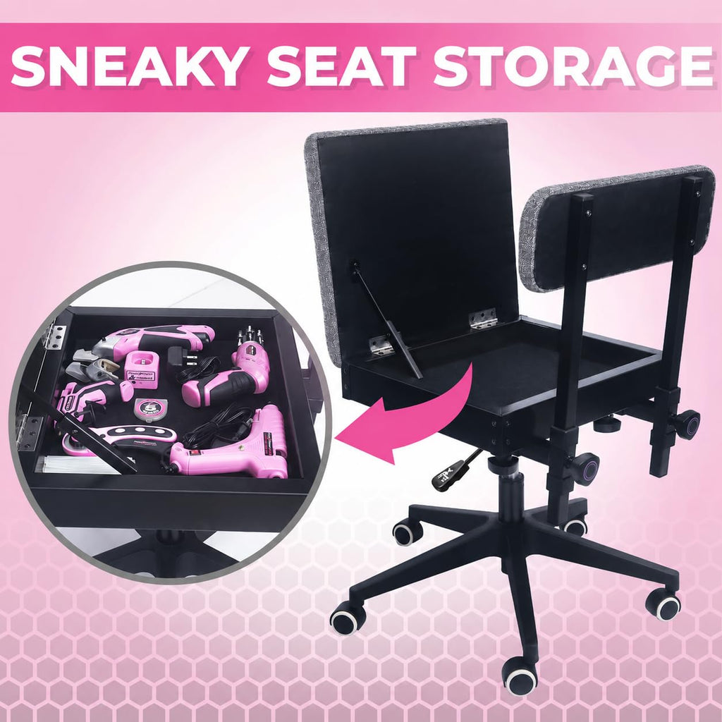 Pink Power Sewing Chair with Wheels and Adjustable Back Support, Gray