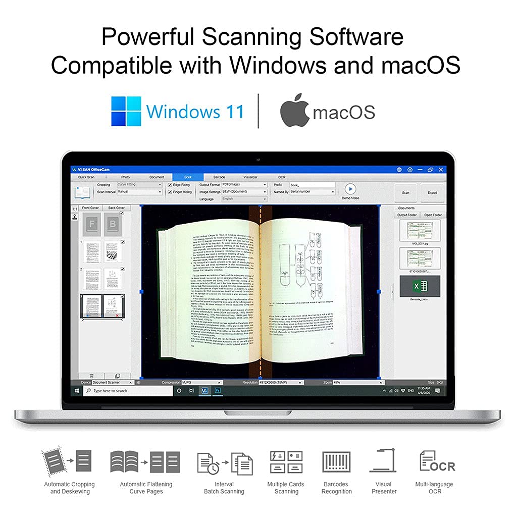 Large Format Book & Document Scanner, Capture Size A2/A3, 26MP USB Document Camera with Auto-Flatten, Fingerprint Removal Technologies, Multi-Language OCR, Compatible with Windows & macOS