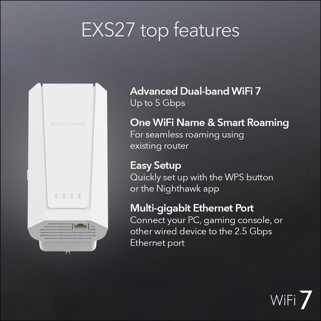 NETGEAR Nighthawk WiFi 7 Extender EXS27, up to 1,500 sq ft, 5 Gbps