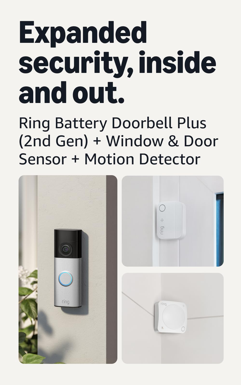 Ring Battery Doorbell Plus (newest model), Nickel Silver with Window & Door Sensor 4-Pack and Motion Detector