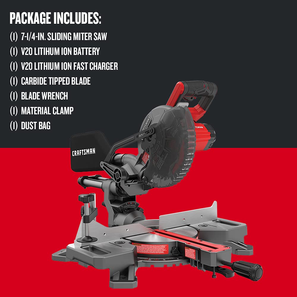 CRAFTSMAN V20 Cordless Sliding Miter Saw, 7-1/4 inch, Battery and Charger