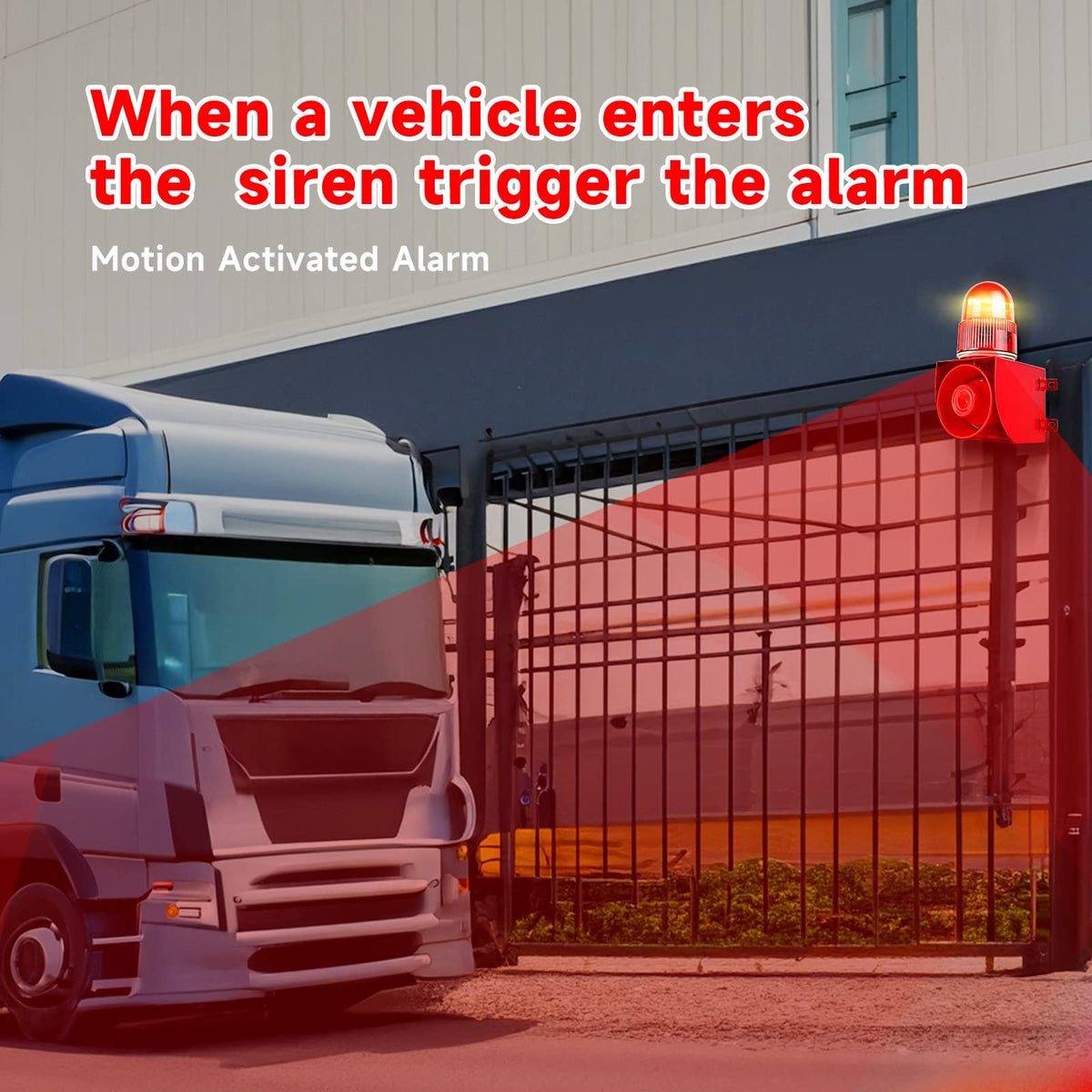 Motion Sensor Alarm 120dB Horn Adjustable Volume Tones Waterproof LED Strobe Light Sirens Motion Detector Alarm System for Factories, Warehouses and Docks Security AC110-120 V SLA-01W