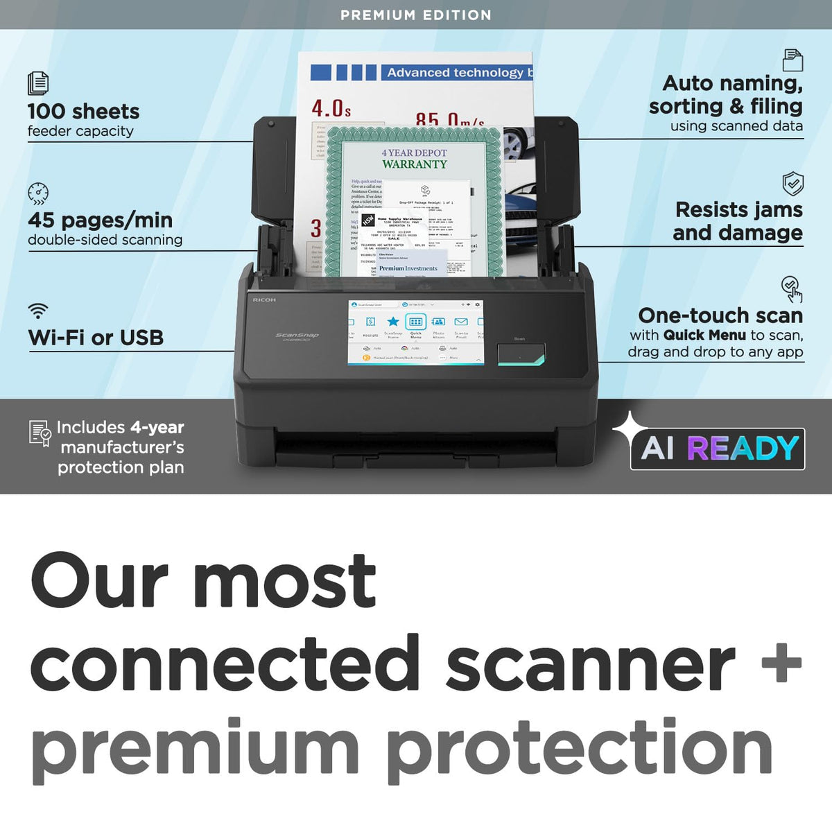 ScanSnap iX2500 Premium Wireless or USB High-Speed Document Scanner