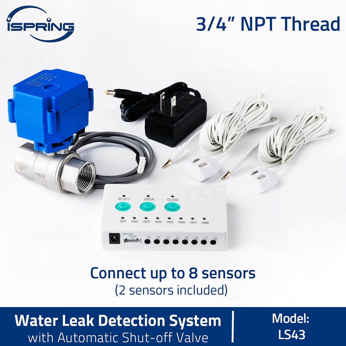 iSpring LS43 Water Leak Detector Alarm System, Automatic Shut-Off Valve and 2 Detection Sensors, Connects Up to 8 Sensor to Prevent Flooding, 3/4" NPT