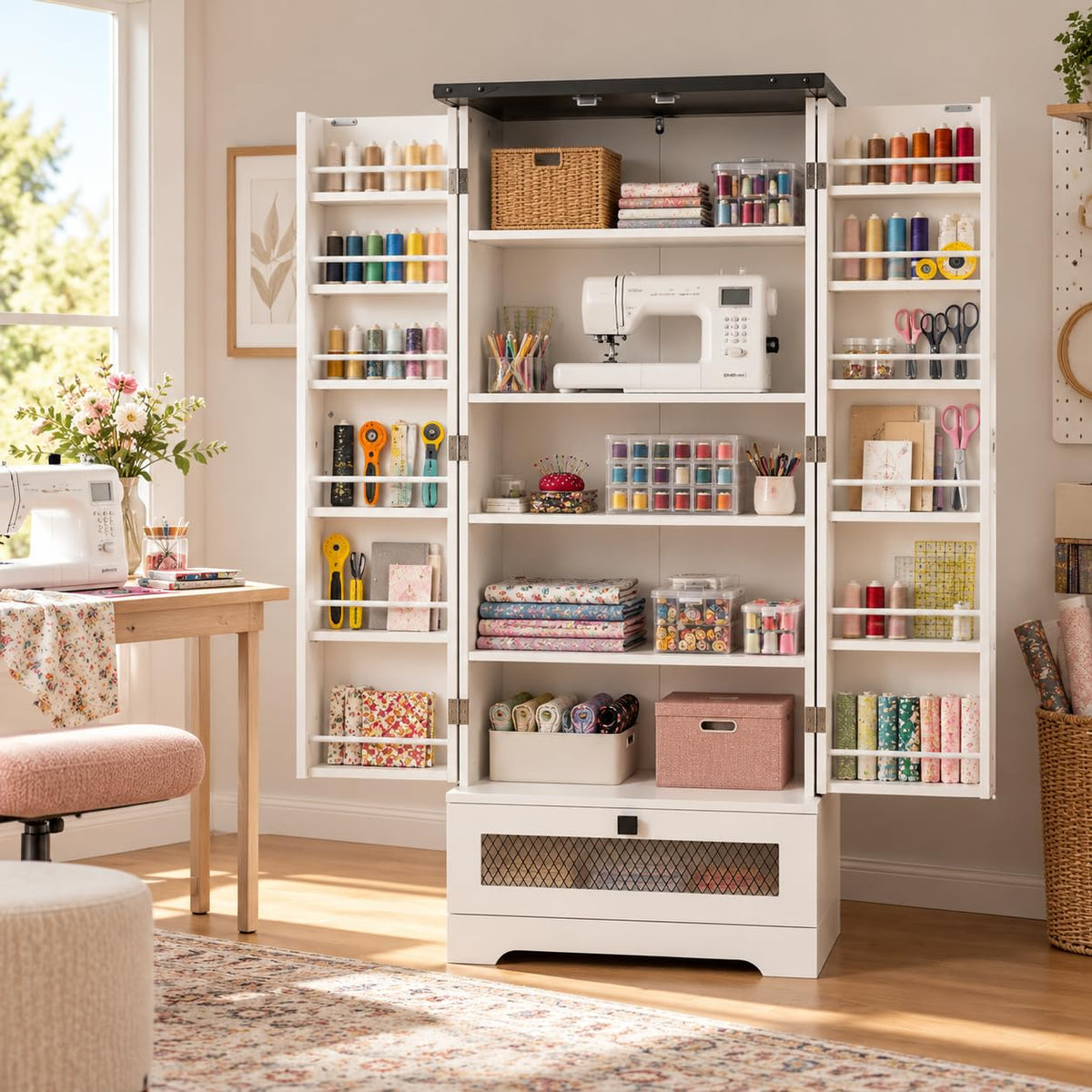 55" Tall Sewing Cabinet with Storage, Craft Storage Cabinet with Adjustable Shelves, Double Doors with Storage Shelves and Large Drawer, Farmhouse Storage Organizer for Sewing Supplies, White