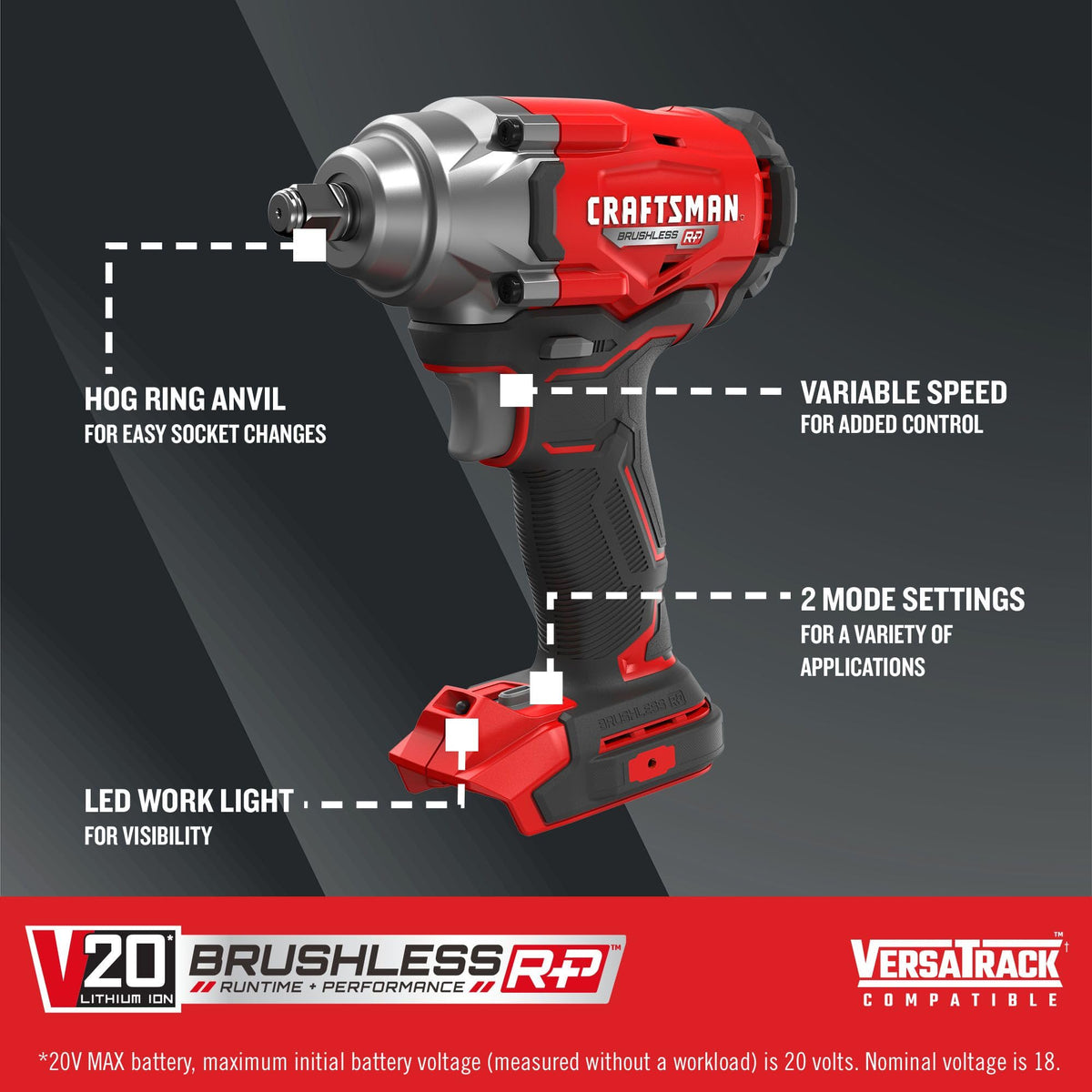 CRAFTSMAN V20 Cordless Impact Wrench, 1/2 inch, Bare Tool Only (CMCF921B)