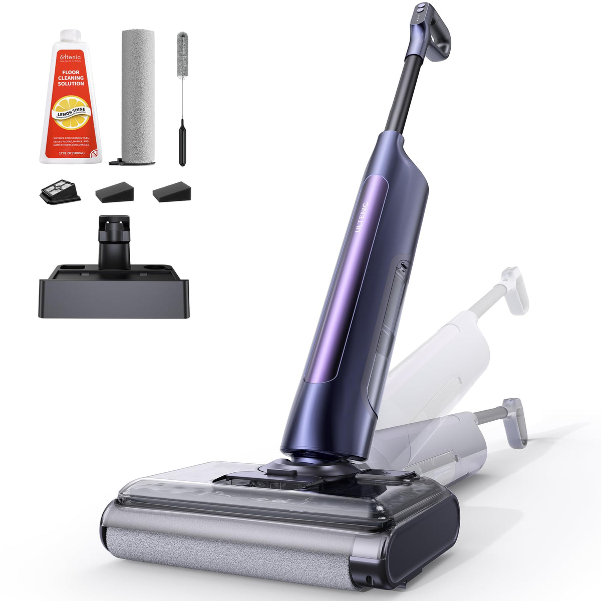Ultenic Wet Dry Vacuum Cleaner, Vacuum Mop for Wet & Dry Messes, 180° Lay-Flat & Auto Self-Cleaning, 60Mins Runtime ＆ Edge-Cleaning, Anti-Tangle Roller for Hard Floor and Pet Hair, AC1 TriFlex Violet