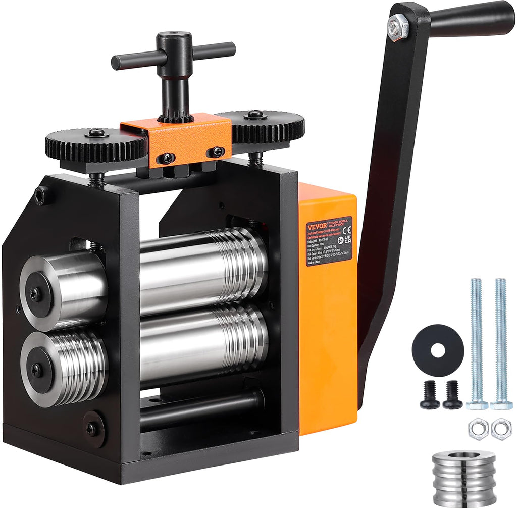 VEVOR Jewelry Press, 75mm Width, 3-in-1 Functionality, Gear Ratio 1:2, Adjustable 0.03-6.5mm Press Thickness, Ideal for Crafting Metal Jewelry Sheets, Squares, Wires, and Semicircles