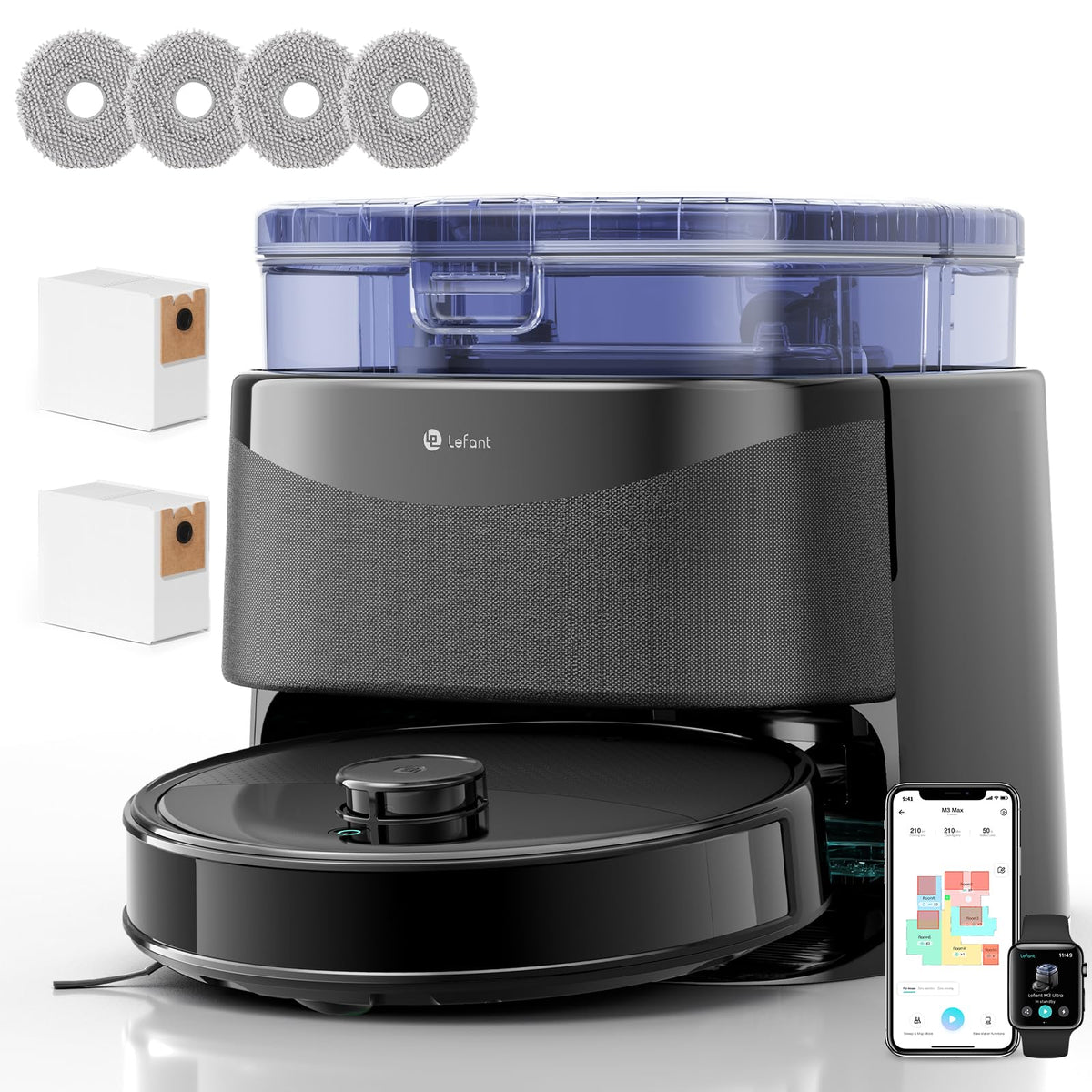 Lefant Robot Vacuum and Mop, 12000Pa Suction, 90-Day Self-Emptying, Obstacle Avoidance, Auto Mop Washing&Drying, All-in-One for Pet Hair Carpet, 5G WiFi Alexa/APP/iWatch Control, M3