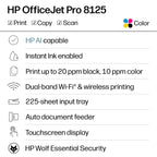 HP OfficeJet Pro 8125 Wireless All-in-One Color Inkjet Printer, Print, Scan, Copy, ADF, Duplex Printing Best-for-Home Office, 3 Month Trial of Instant Ink Included, AI-Capable (C2VJ4A)