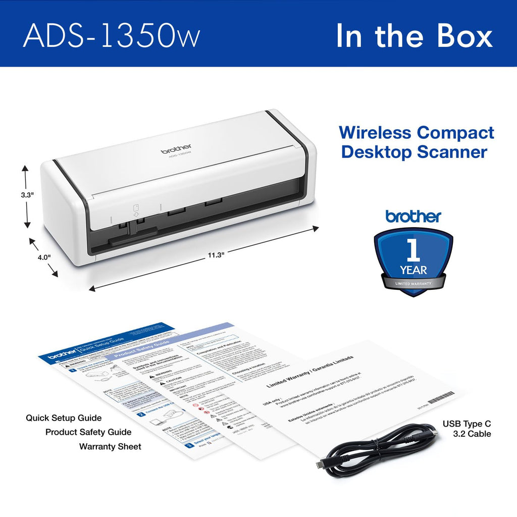 Brother ADS-1350W Wireless Compact Desktop Scanner | Scan Speeds of Up to 30ppm | Single Pass Double-Sided Scanning