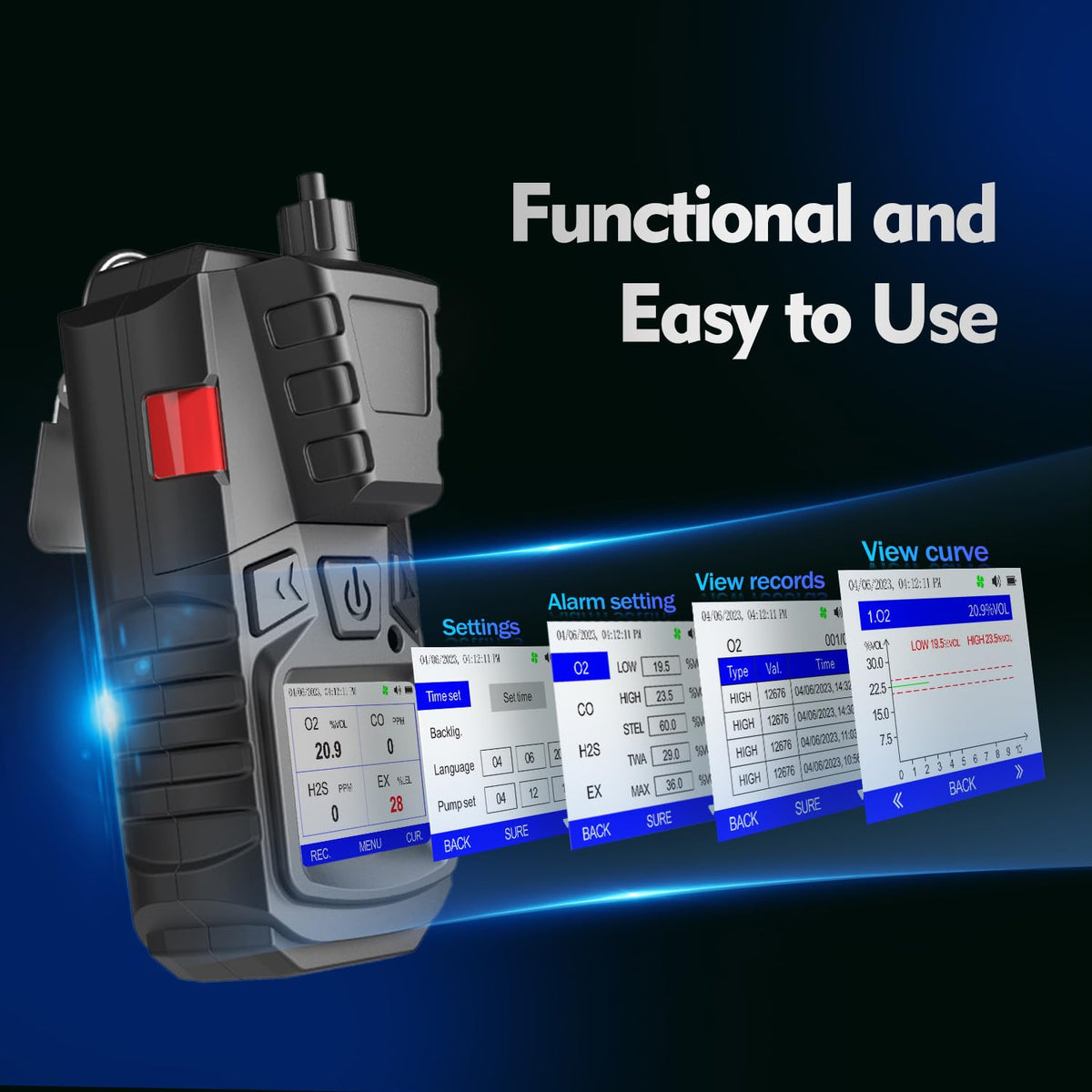 Gas Detector with Pump, 4 Gas Monitor Multi Gas Detector CO EX O2 H2S Meter