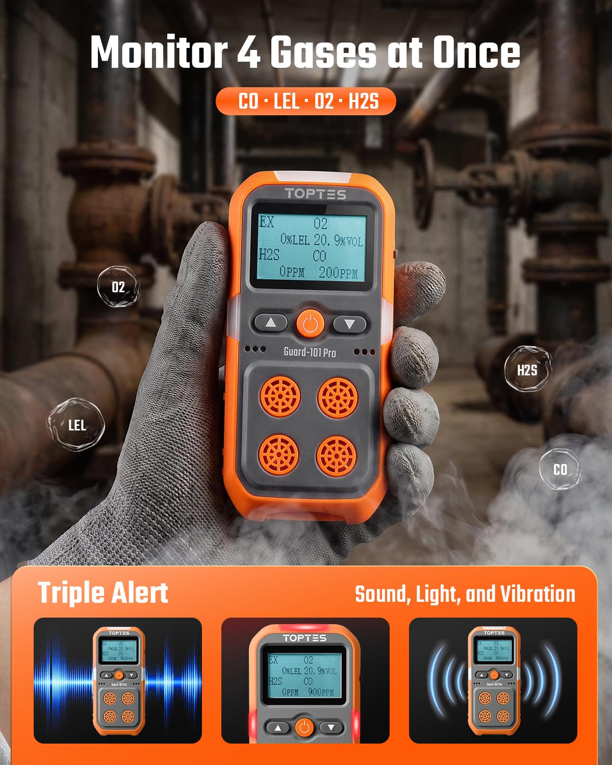 TopTes Guard-101Pro 4 Gas Monitor, Gas Detector for H2S, CO, LEL and O2, Upgraded 5-Year O2 Sensor, Vibration, Visual and Audible Alarms, 14-Hour Battery Life, Explosion-Proof, for Work and Home