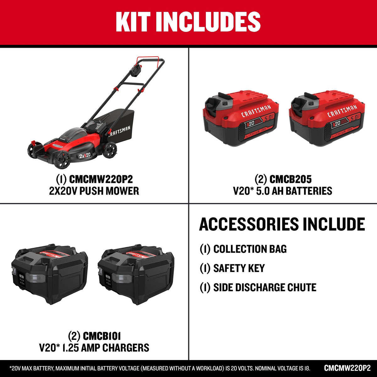 CRAFTSMAN V20 20 in Lawn Mower, 2 x 5Ah Batteries and 2 Chargers Included, High Effeciency Brushless Motor, Push Mower, Up to 50 Min of Runtime, Lightweight, Grass Bag, Low Profile (CMCMW220P2)