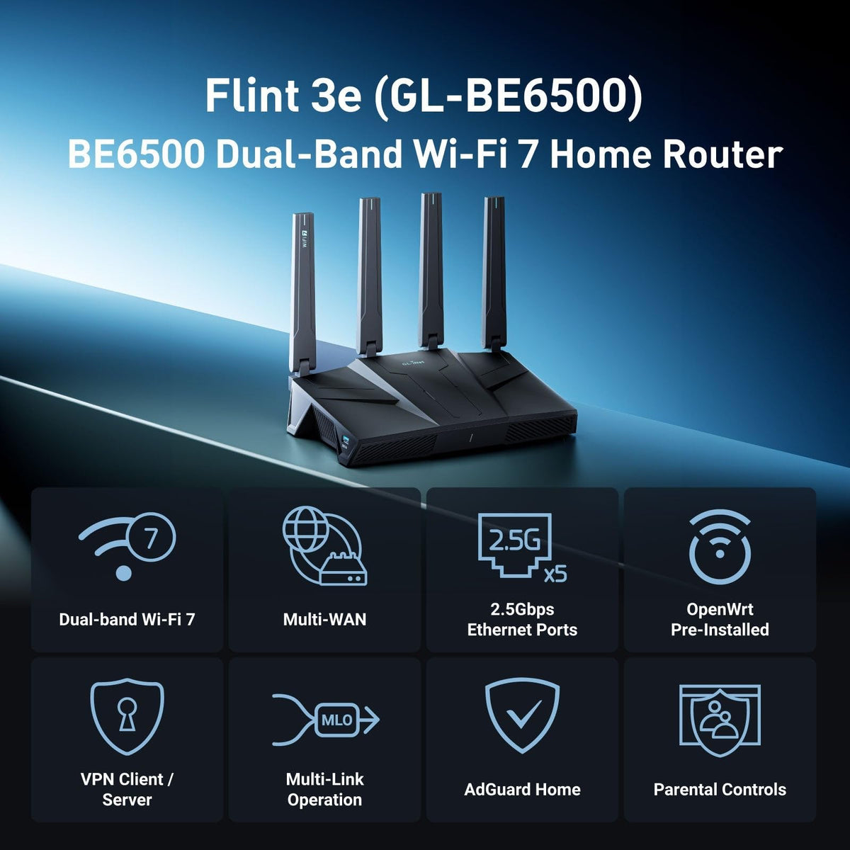GL.iNet GL-BE6500 Flint 3e Wi-Fi 7 Router with VPN for Home and Gaming