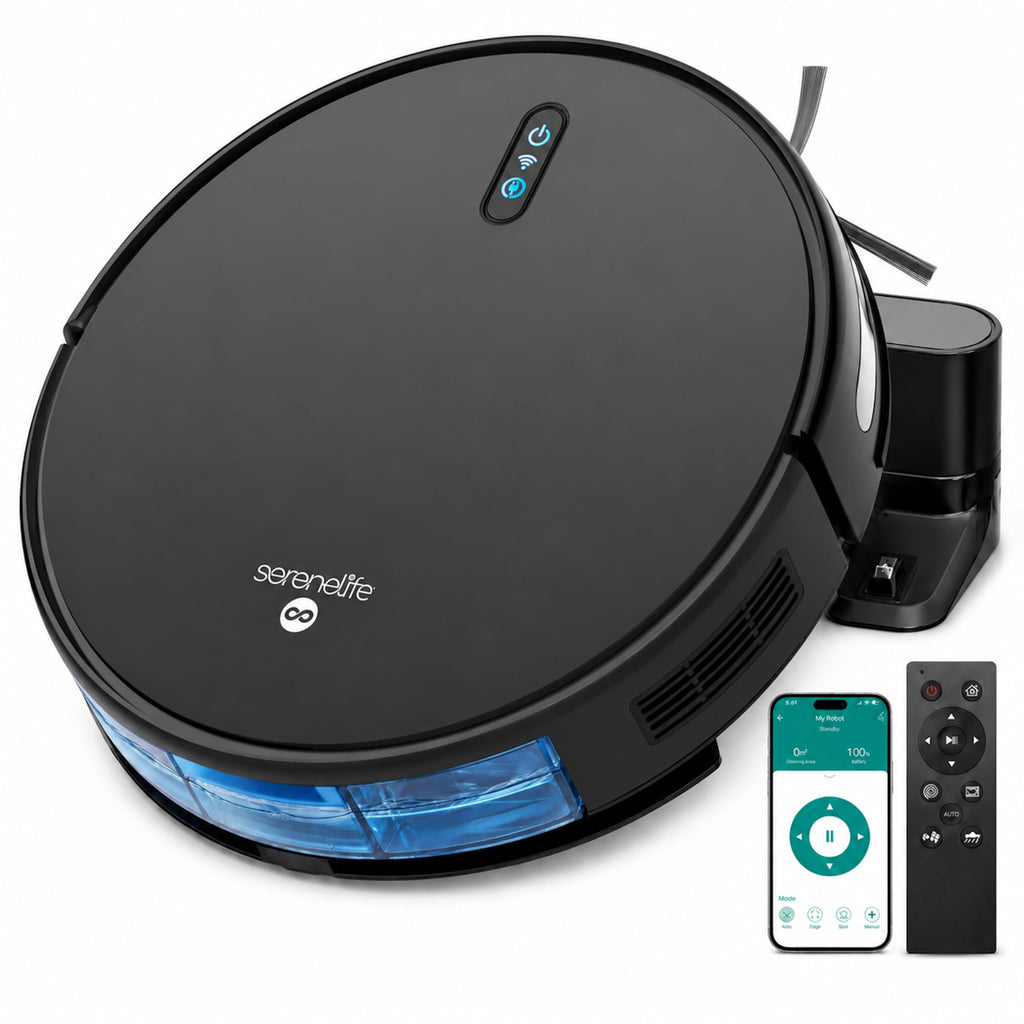 SereneLife Automatic Robot Vacuum Cleaner and Mop Combo, Pro Edition with Upgraded Battery, Extreme Suction, Internal Water Tank - Smart App Control, Ideal for Pet Hair, Carpet and Hard Floors, Black