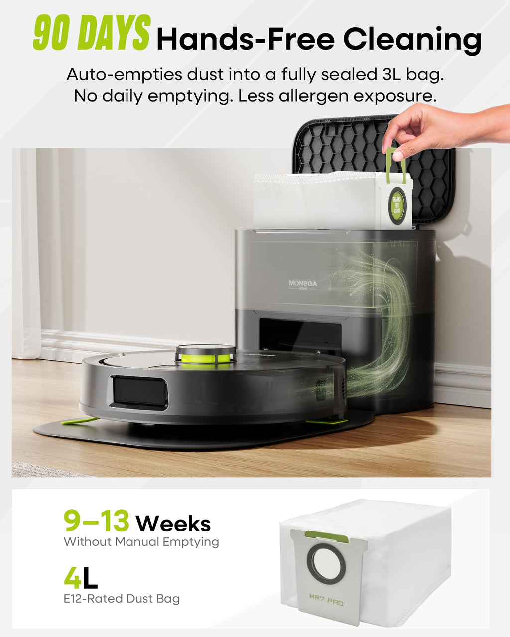 MONSGA Robot Vacuum and Mop, 90 Days Self-Emptying with 10000Pa Suction