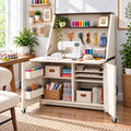 Foldable Sewing Craft Table with Storage Cabinet & Power Outlets, White