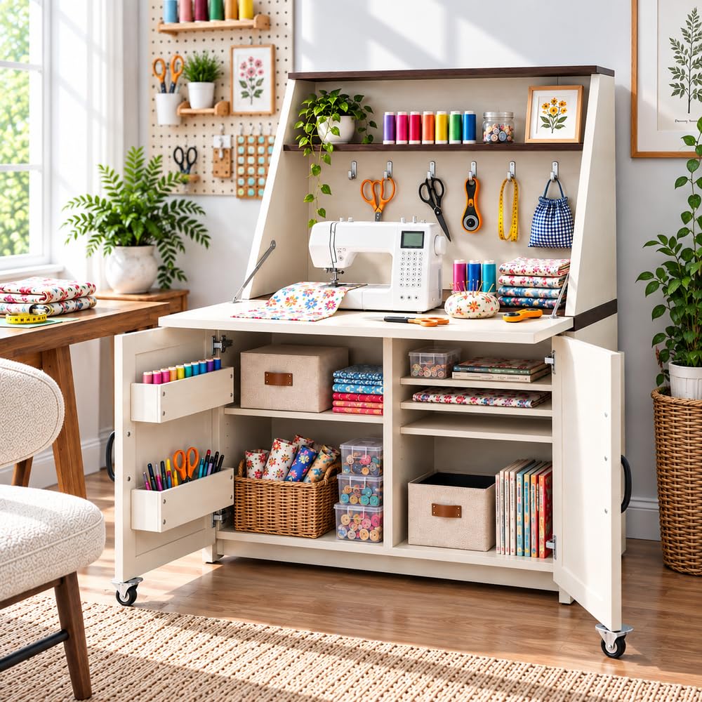 Foldable Sewing Craft Table with Storage Cabinet & Power Outlets, White