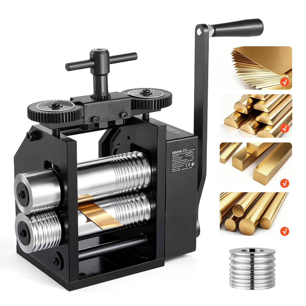 VEVOR Jewelry Press, 75mm Width, 3-in-1 Functionality, Gear Ratio 1:2, Adjustable 0.03-6.5mm Press Thickness, Ideal for Crafting Metal Jewelry Sheets, Squares, Wires, and Semicircles