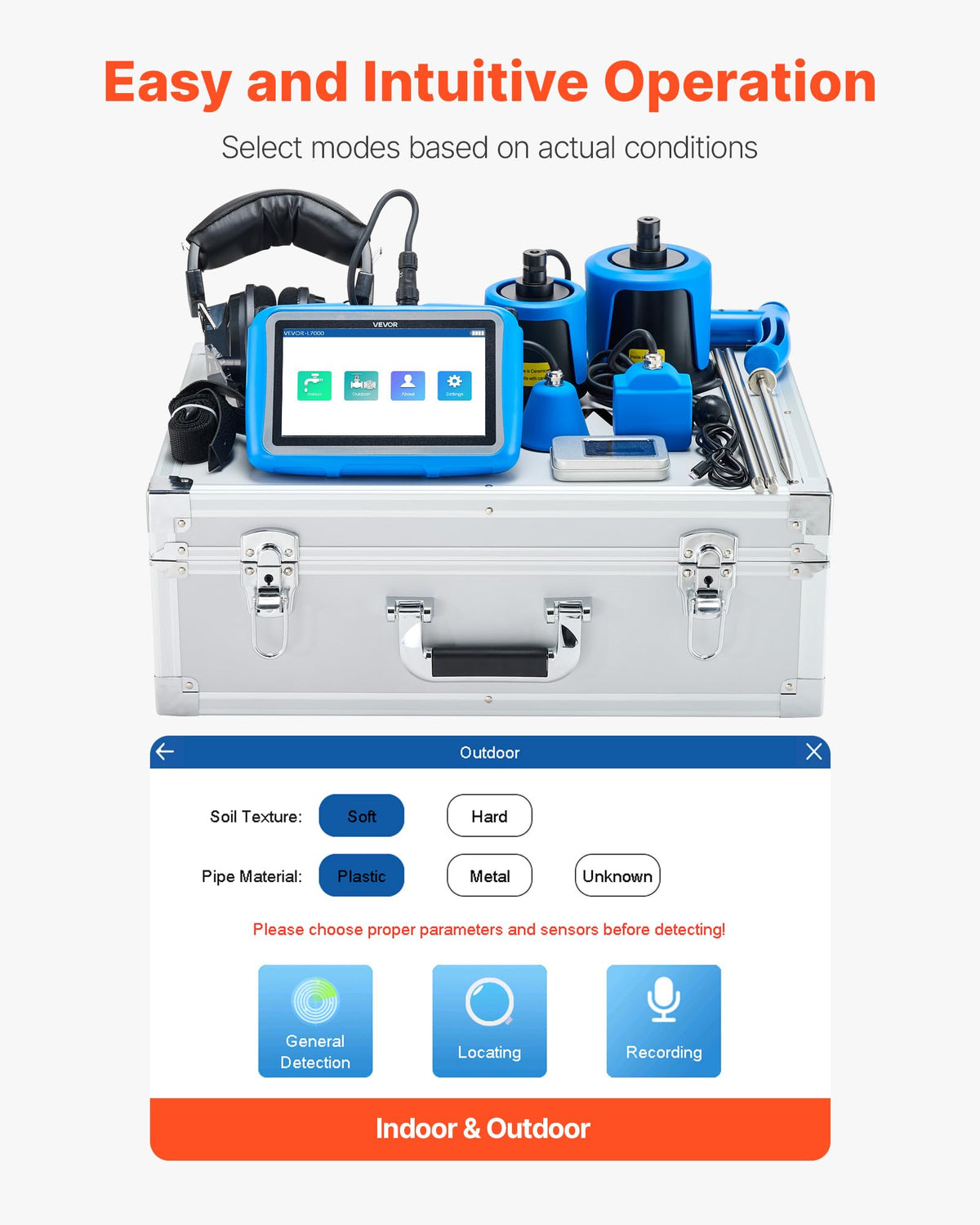 VEVOR Pipe Water Leak Detector with 4 Sensors, 1Hz-10000Hz, 7" Touchscreen Underground Plumbing Leakage Detection Locator with 3 Listening Rods, Headphones, 8GB Card & Carry Case for Indoors Outdoors