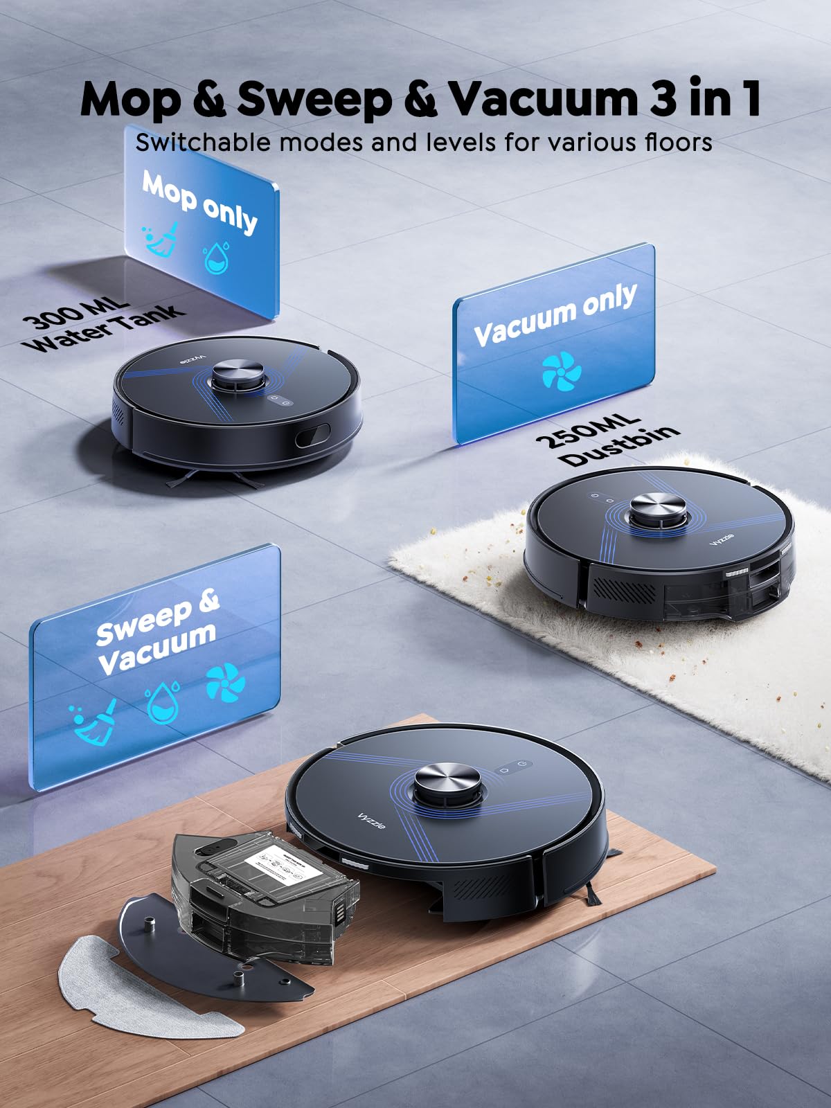 Vyzzle Robot Vacuum and Mop, 8000Pa for Pet Hair, Carpet, Hard Floors, E20