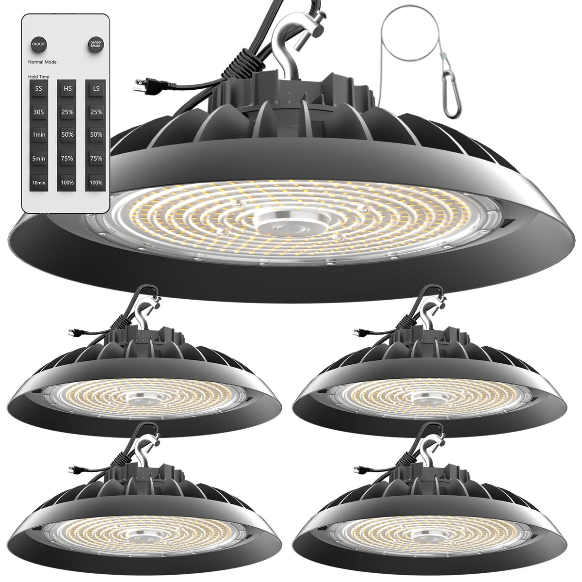 Lightdot Smart 250W High Bay LED Shop Lights 37,500LM High Bay Lights with Controller (Supports ON/OFF Mode & Motion Sensor Mode) ETL-Listed US Plug for Workshop, Garage, Warehouse-6Yrs Warranty-4Pack