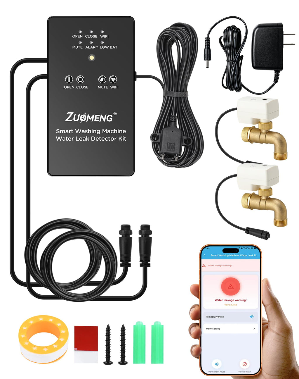 Washing Machine Water Leak Detector Kit with Dual Power Supply, Precise Sensor, Automatic Shut-Off Hot & Cold Valves 3/4" 90° , Alarm Sound and Alarm Light