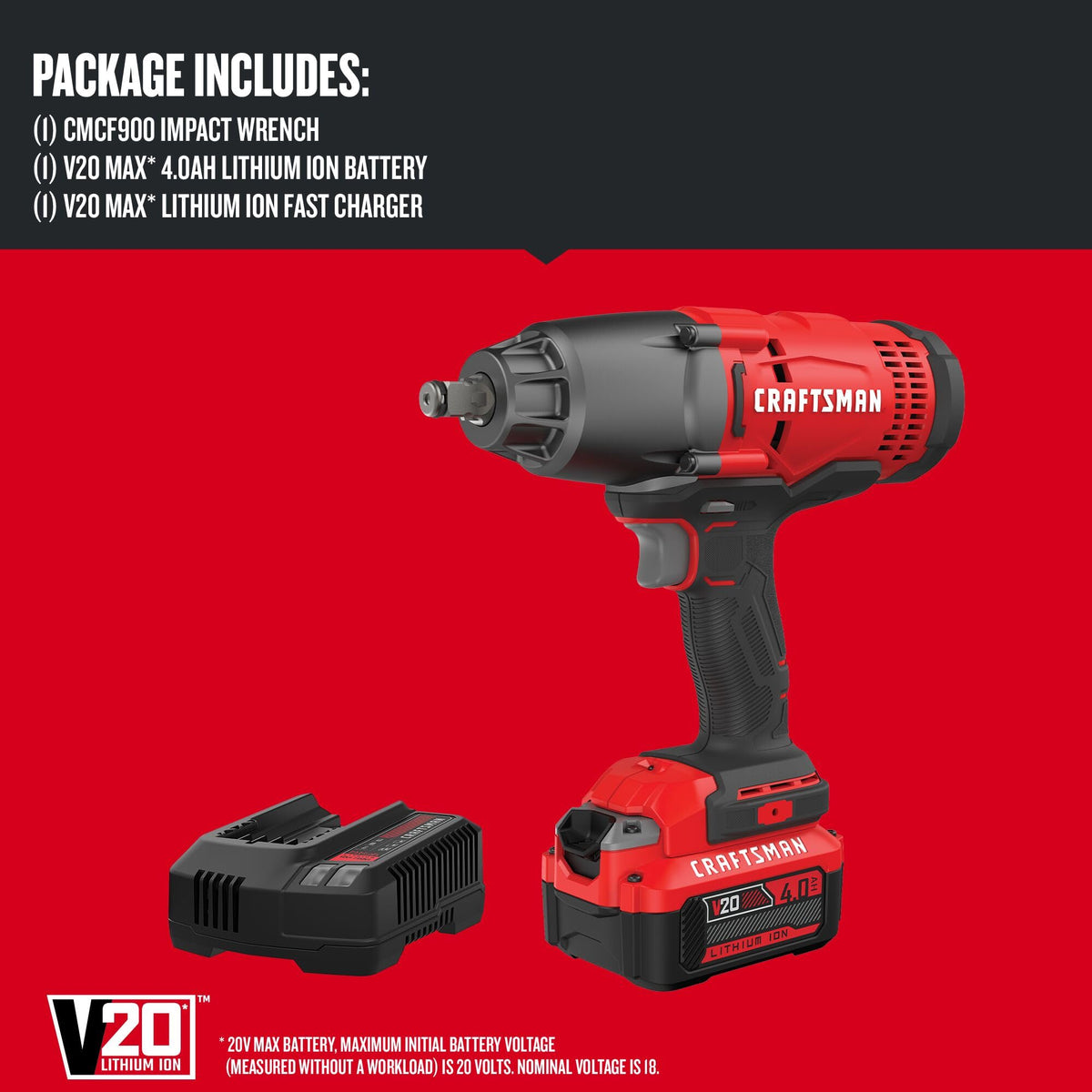 CRAFTSMAN V20 RP Cordless Impact Wrench Kit, 1/2 inch, Battery and Charger Included (CMCF900M1)
