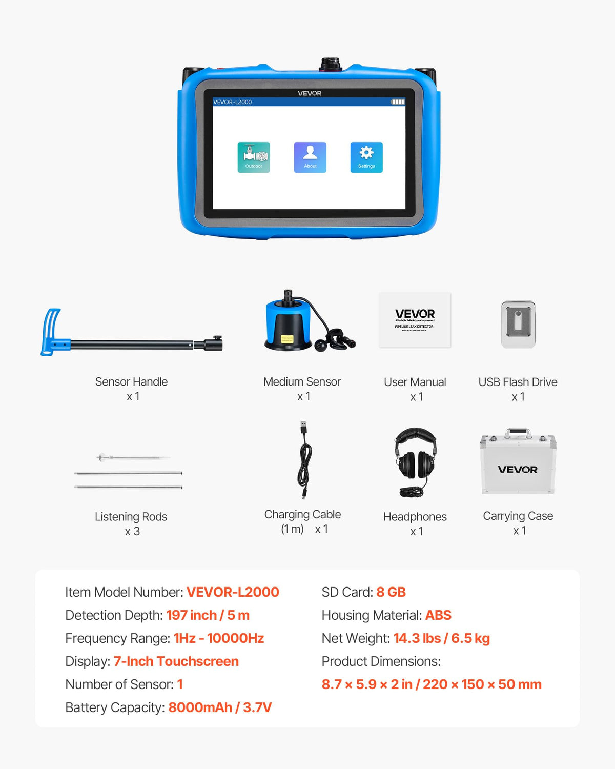 VEVOR Pipe Water Leak Detector for Outdoors, 1Hz-10000Hz, 7" Touchscreen Water Leakage Detection Locator for 16.4FT (5m) Underground Plumbing - with Medium Sensor, 3 Listening Rods, Headphone & Case