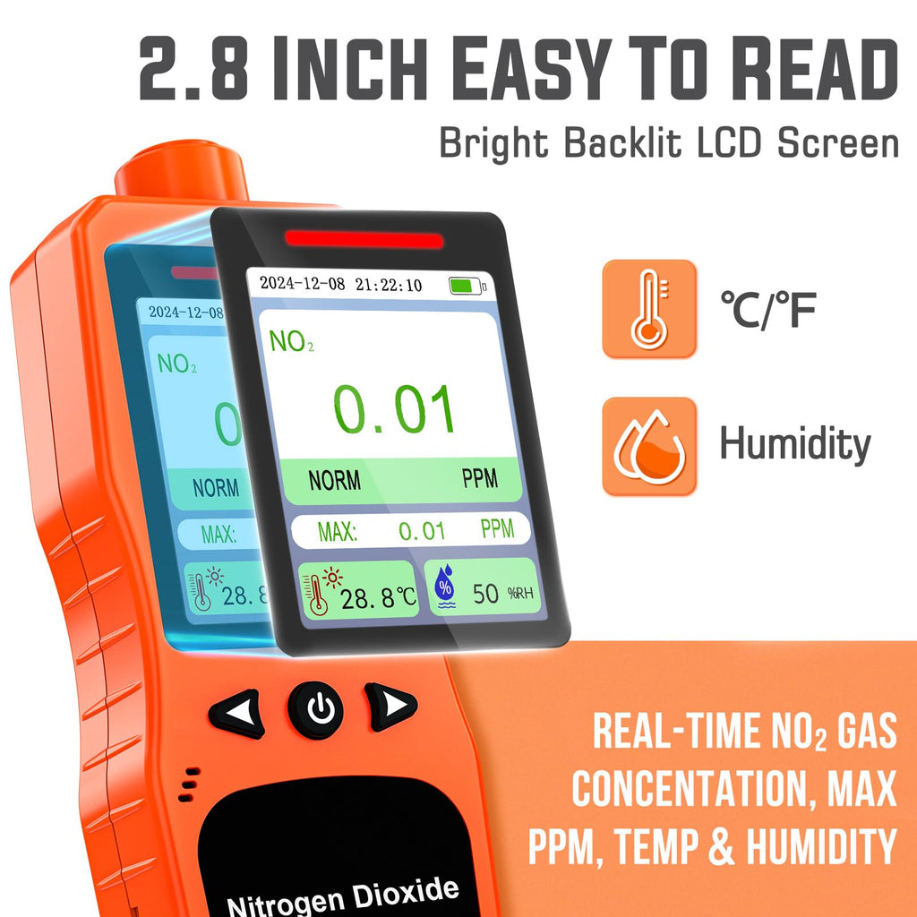 Portable Nitrogen Dioxide Gas Detector, 0-50PPM NO2 Monitor, Rechargeable Nitrogen Dioxide Meter for 16H Battery Life, NO2 Air Quality Meters with Alerts, Electrochemical Sensor