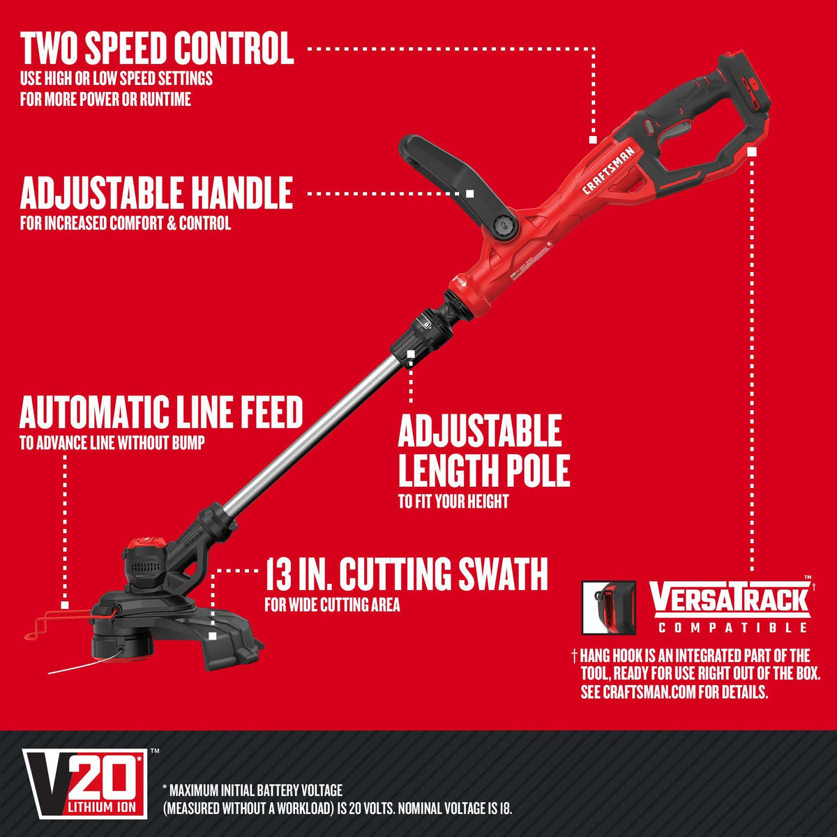 CRAFTSMAN V20 WEEDWACKER Cordless String Trimmer Edger with Automatic Feed, 13 inch, Bare Tool Only (CMCST900B)