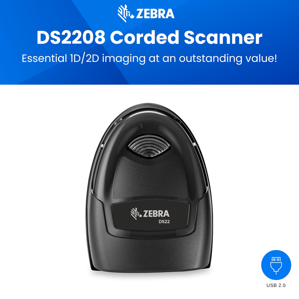 Zebra DS2208 Handheld Barcode Scanner with Stand | 1D/2D, QR Code