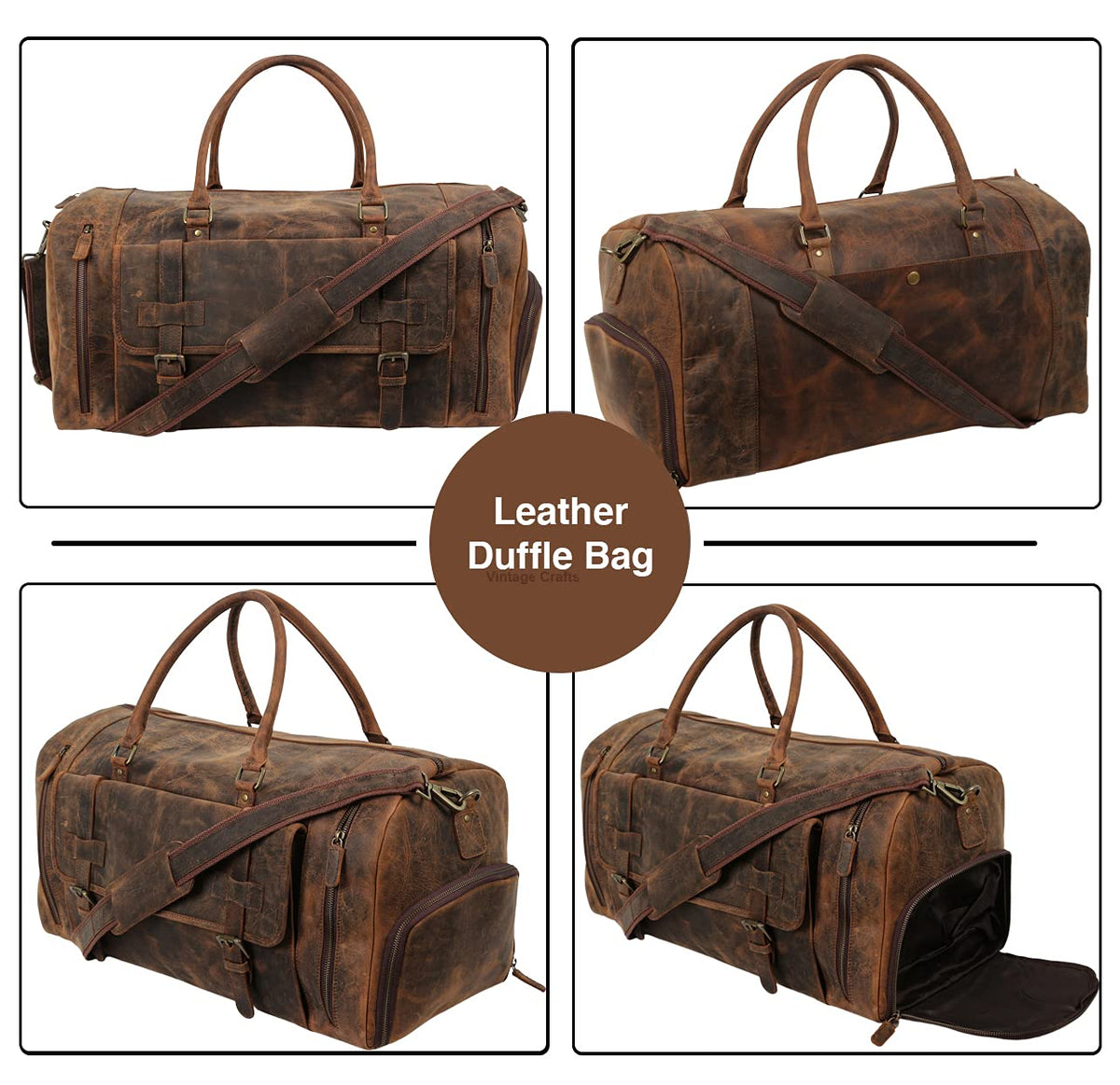 22 Inch Genuine Leather Full Grain Duffel Bag | Overnight Travel Weekend Sports Gym Traveling | Carryon Durable Cabin With Shoe Compartment For Men and Women