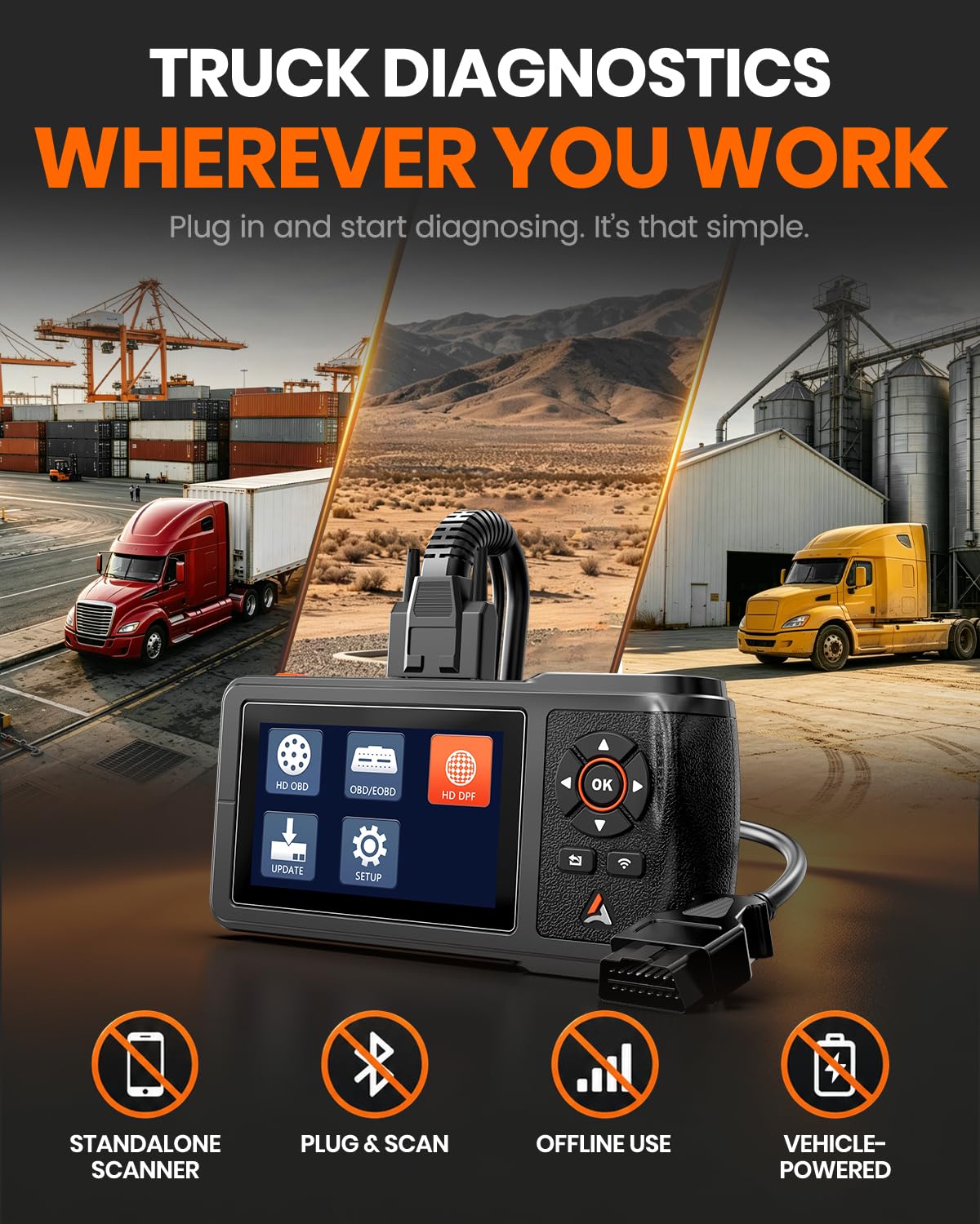 ANCEL HD431 Heavy Duty Truck Scanner, DPF Regen & Forced Reset for Paccar & Detroit Engines, Full System Diagnostics Diesel Code Reader, Professional OBD2/HDOBD Mechanic Tool for Commercial Vehicles