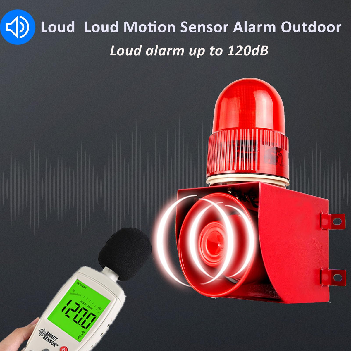 Motion Sensor Alarm 120dB Horn Adjustable Volume Tones Waterproof LED Strobe Light Sirens Motion Detector Alarm System for Factories, Warehouses and Docks Security AC110-120 V SLA-01W