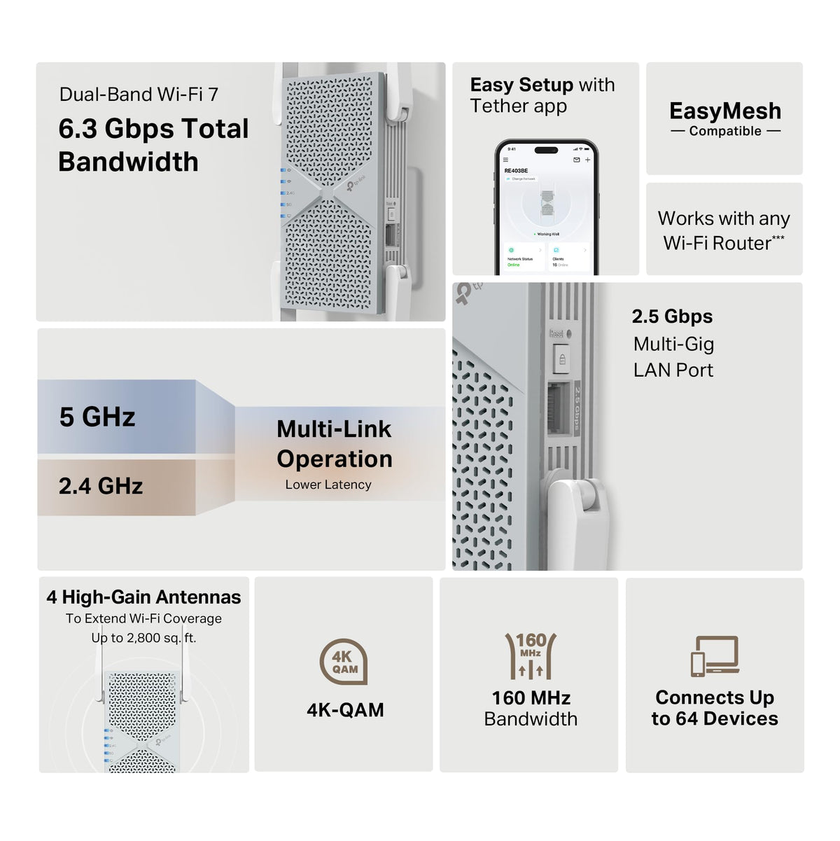 TP-Link BE6300 Wi-Fi 7 Dual-Band Range Extender RE403BE w/ 2.5G Port